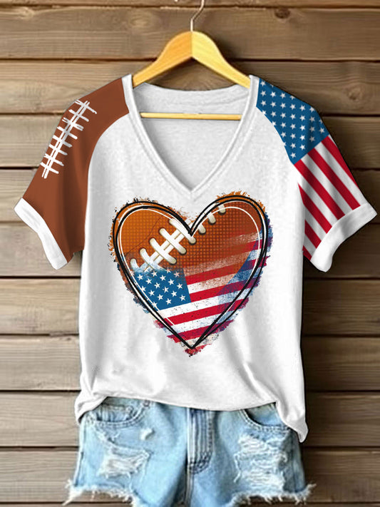 Women's Football Heart Print Football Lovers Gameday Casual V-Neck Tee