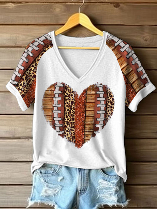 Women's Football Heart Print Football Lovers Gameday Casual V-Neck Tee