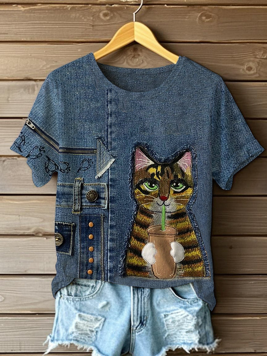 Women's Funny Cute Cat Print Short Sleeve T-Shirt