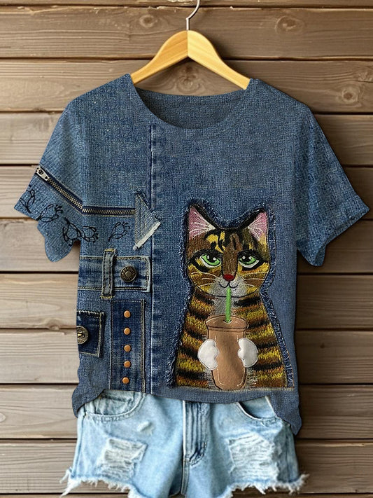 Women's Funny Cute Cat Print Short Sleeve T-Shirt