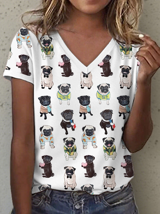 Women's Cute Pug Print V-Neck T-Shirt