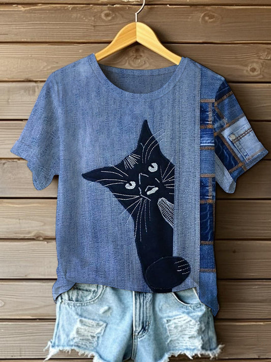 Women's Funny Cute Cat Print Short Sleeve T-Shirt