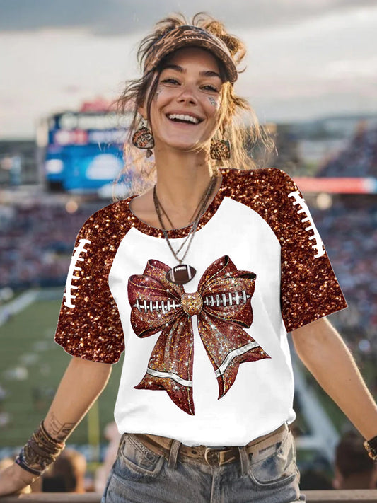 Women's Glitter Football Bow Print Football Fans Gameday Casual Tee