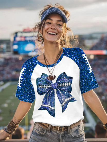Women's Glitter Football Bow Print Football Fans Gameday Casual Tee