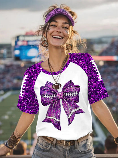 Women's Glitter Football Bow Print Football Fans Gameday Casual Tee