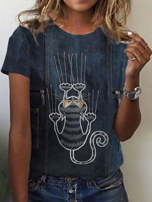 Women's Funny Cute Cat Print Short Sleeve T-Shirt