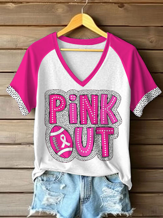 Women's Pink Out Breast Cancer Awareness Support V-Neck Tee