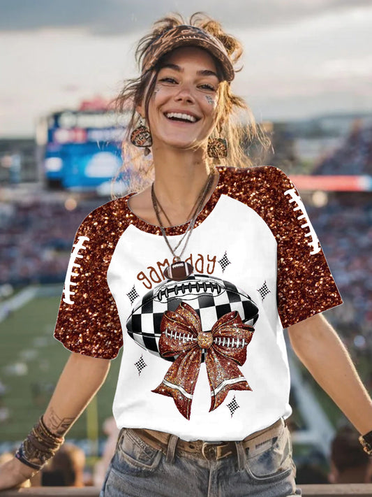 Women's Glitter Football Bow Print Football Fans Gameday Casual Tee
