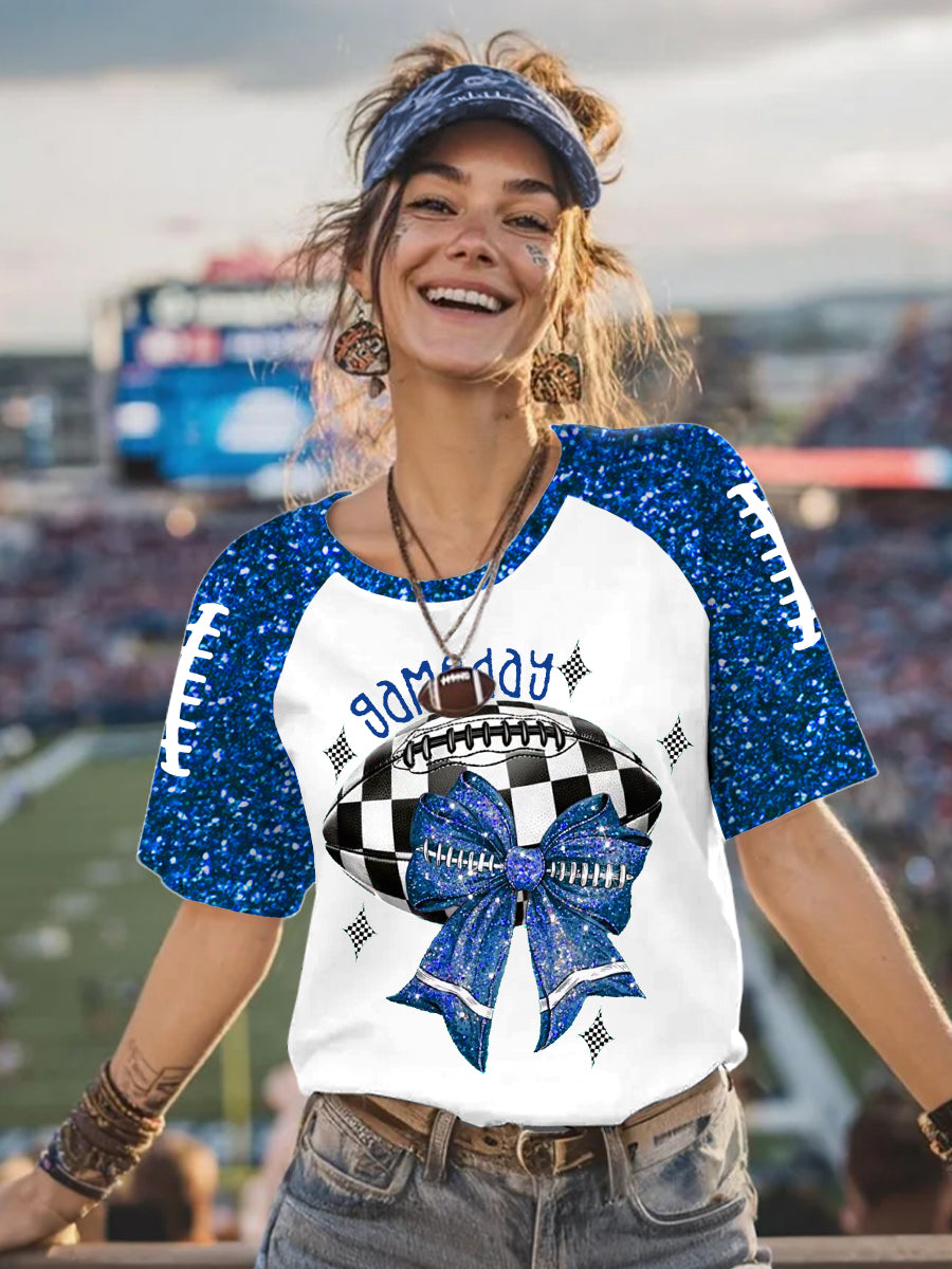 Women's Glitter Football Bow Print Football Fans Gameday Casual Tee