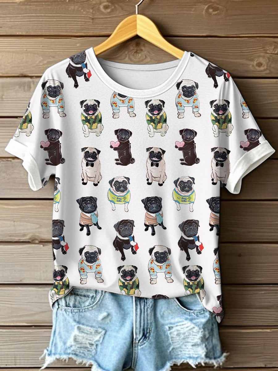 Women's Cute Pug Art Print T-Shirt