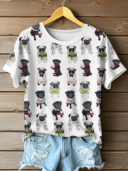 Women's Cute Pug Art Print T-Shirt
