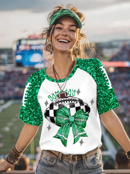 Women's Glitter Football Bow Print Football Fans Gameday Casual Tee