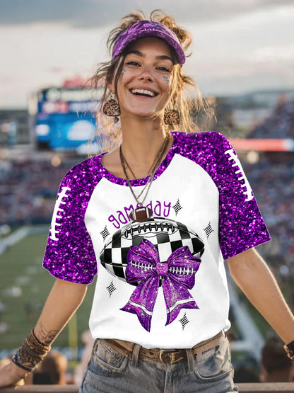 Women's Glitter Football Bow Print Football Fans Gameday Casual Tee