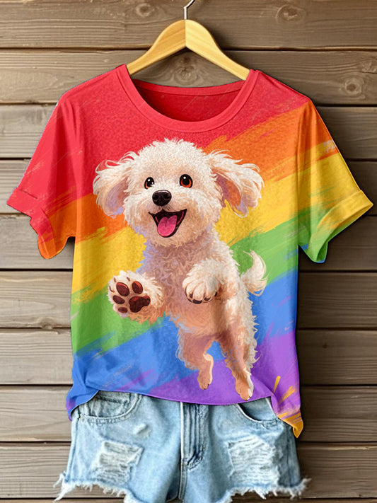 Women's Oil Painting Art Dog Print T-Shirt