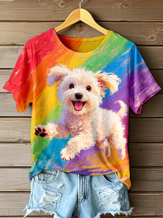 Women's Oil Painting Art Dog Print T-Shirt