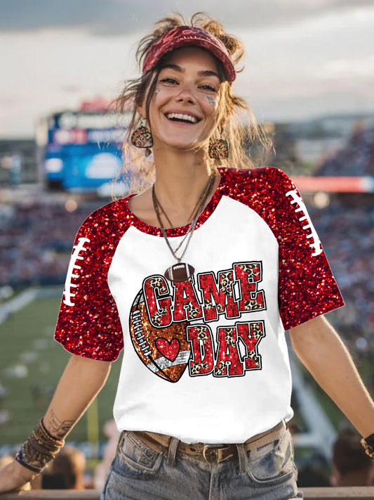 Women's Football Glitter Print Football Fans Gameday Casual Tee