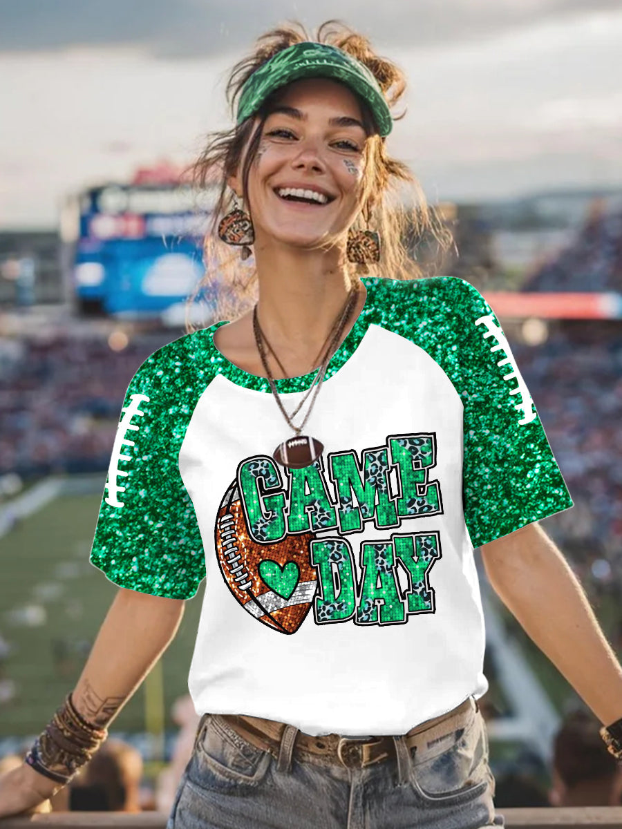 Women's Football Glitter Print Football Fans Gameday Casual Tee