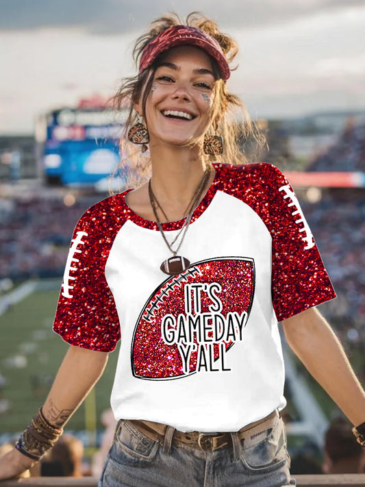 Women's It's Gameday Y'all Glitter Print Football Fans Gameday Casual Tee
