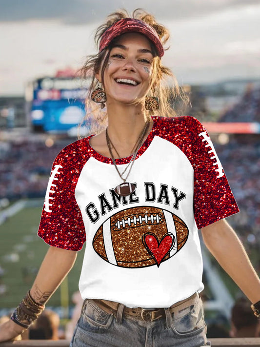 Women's Glitter Football Print Football Fans Gameday Casual Tee