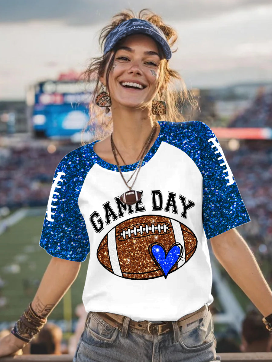 Women's Glitter Football Print Football Fans Gameday Casual Tee