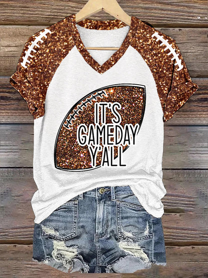 Women's It's Football Y'all Glitter Print  Football Fans Gift Casual V-Neck Tee