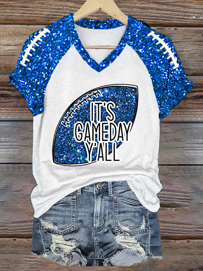 Women's It's Football Y'all Glitter Print  Football Fans Gift Casual V-Neck Tee