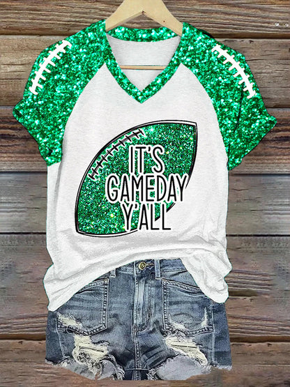 Women's It's Football Y'all Glitter Print  Football Fans Gift Casual V-Neck Tee