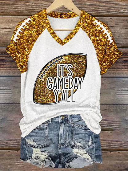 Women's It's Football Y'all Glitter Print  Football Fans Gift Casual V-Neck Tee