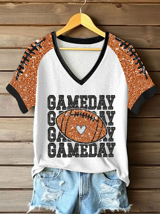 Women's Football Lover Game Day  V-neck Off-shoulder Short-sleeved T-shirt