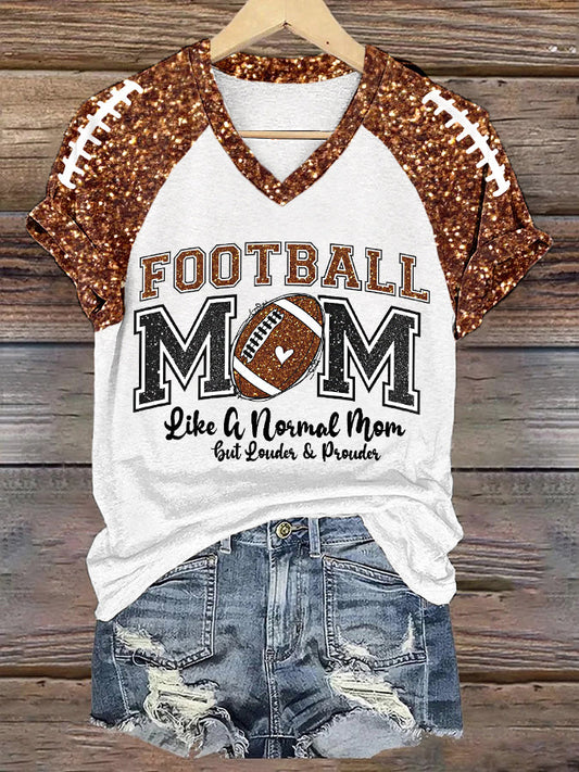 Women's Football Mom Football Gameday Glitter Print Casual V-Neck Tee