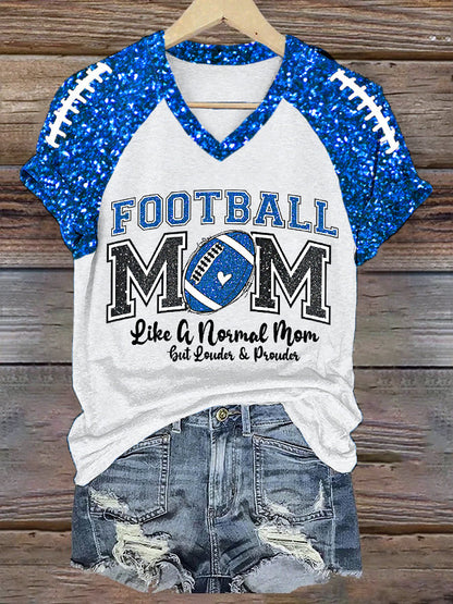 Women's Football Mom Football Gameday Glitter Print Casual V-Neck Tee