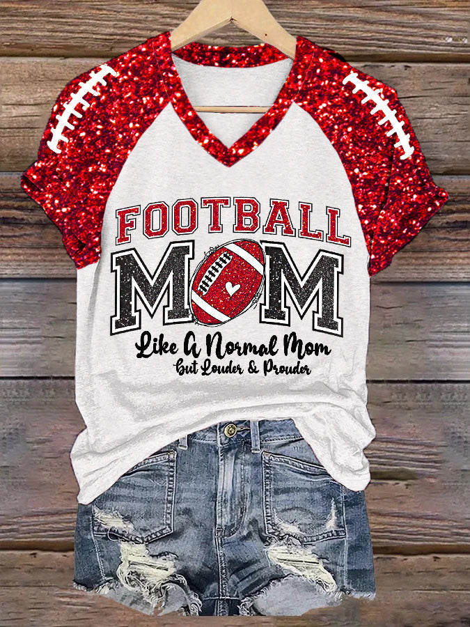 Women's Football Mom Football Gameday Glitter Print Casual V-Neck Tee