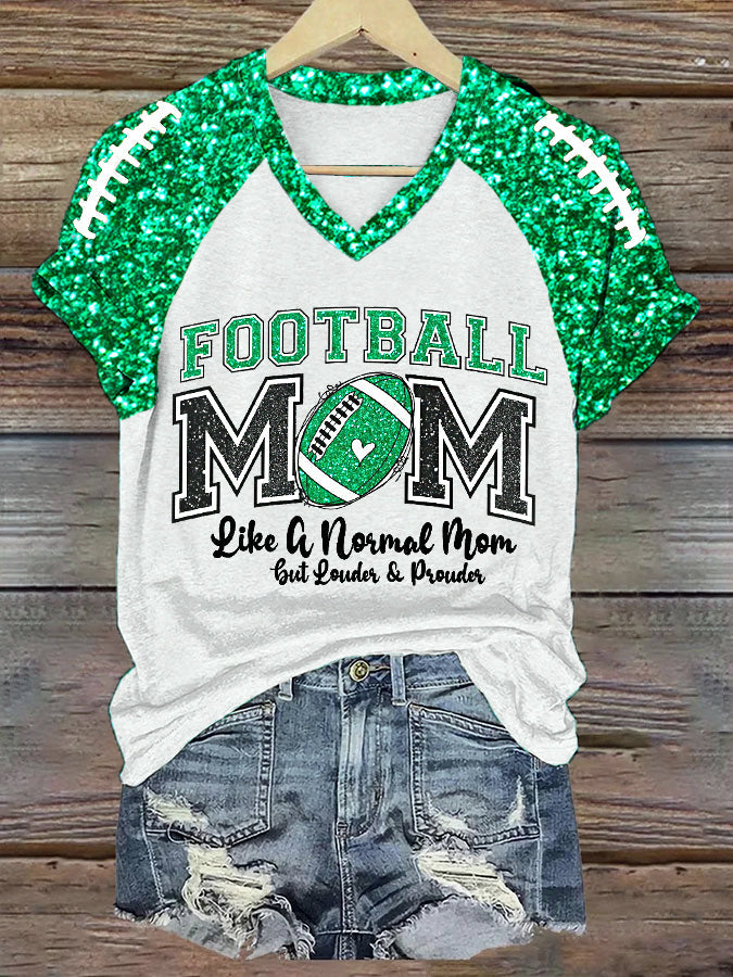 Women's Football Mom Football Gameday Glitter Print Casual V-Neck Tee