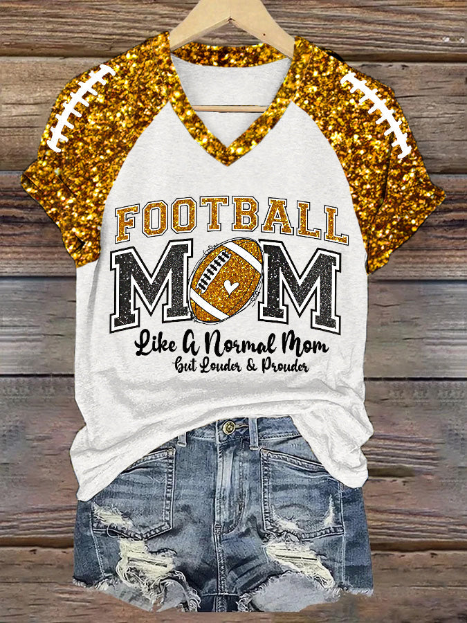 Women's Football Mom Football Gameday Glitter Print Casual V-Neck Tee