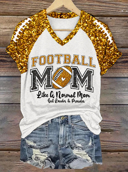 Women's Football Mom Football Gameday Glitter Print Casual V-Neck Tee