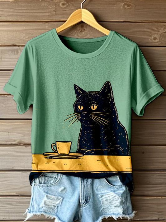 Women's Funny Cat Art Print T-Shirt