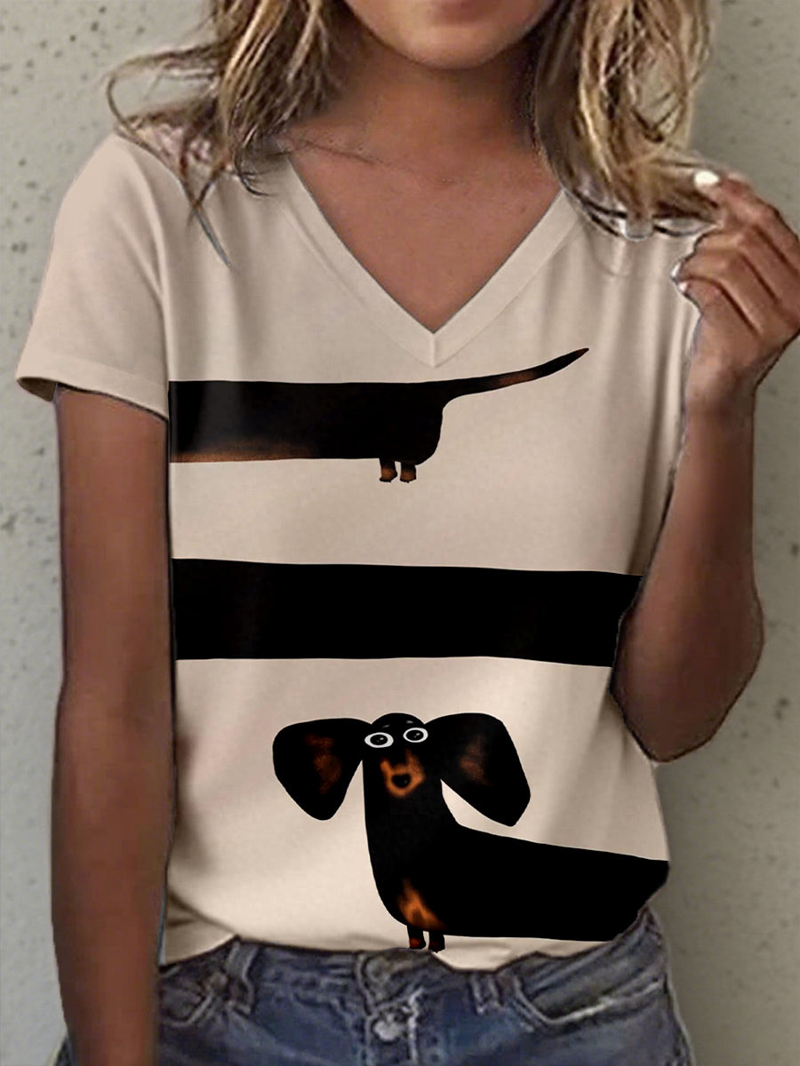 Women's Funny Dachshund Art Print V-Neck T-Shirt
