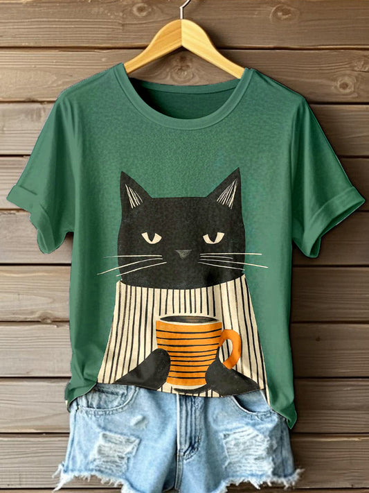 Women's Funny Cat Art Print T-Shirt