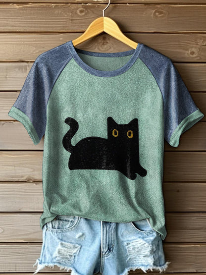 Women's black cat color-blocked T-shirts