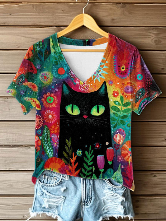 Women's Cat Printed V-neck T-shirt