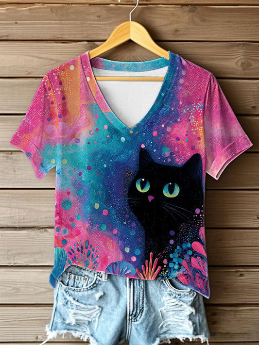 Women's Cat Printed V-neck T-shirt