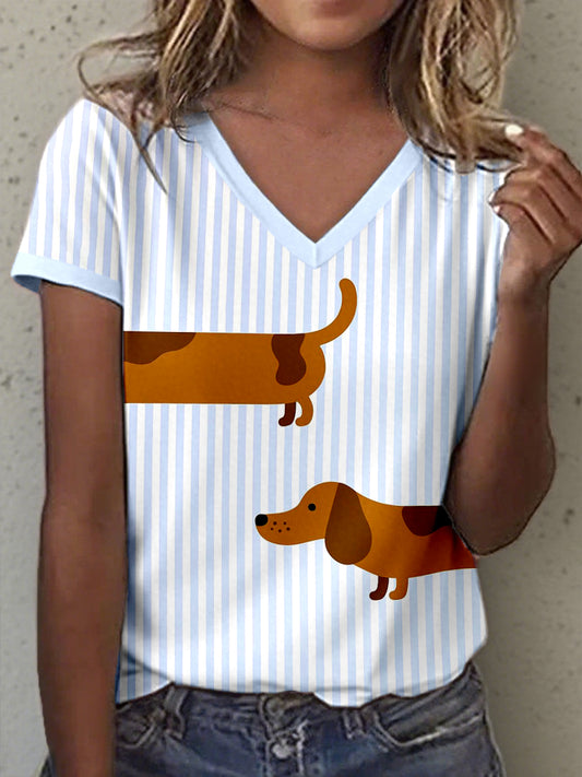 Women's Funny Dachshund Print Striped V-Neck T-Shirt