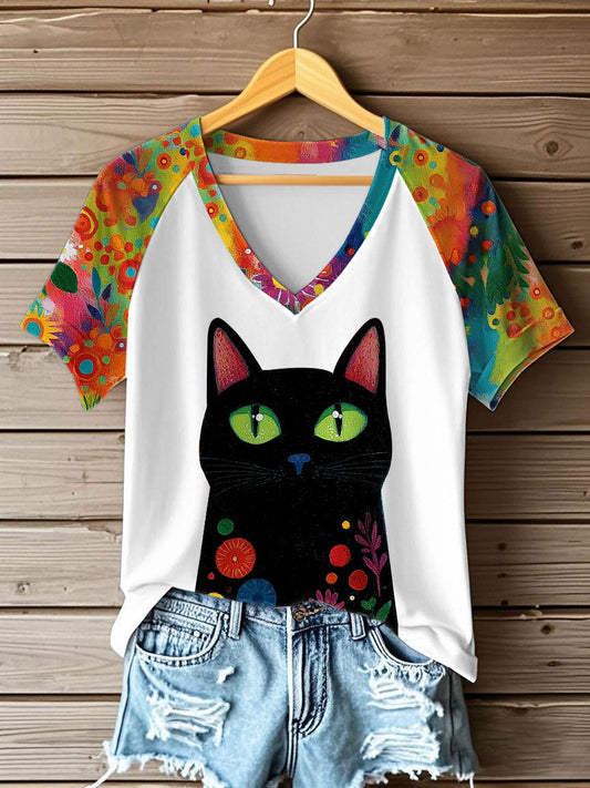 Women's Cat Printed V-neck T-shirt