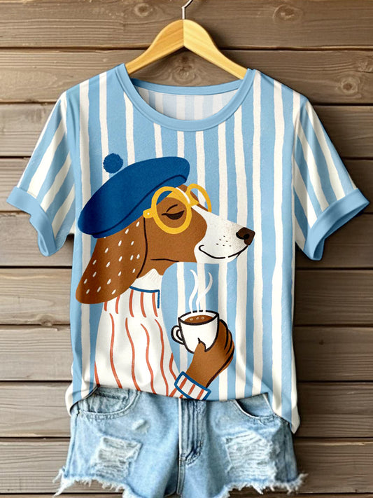 Women's Funny Dog Print Striped T-Shirt