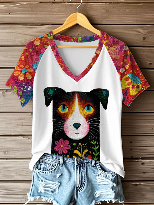 Women's Dog Printed V-neck T-shirt