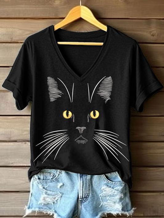 Women's Cat Face Embroidered V-neck T-shirt