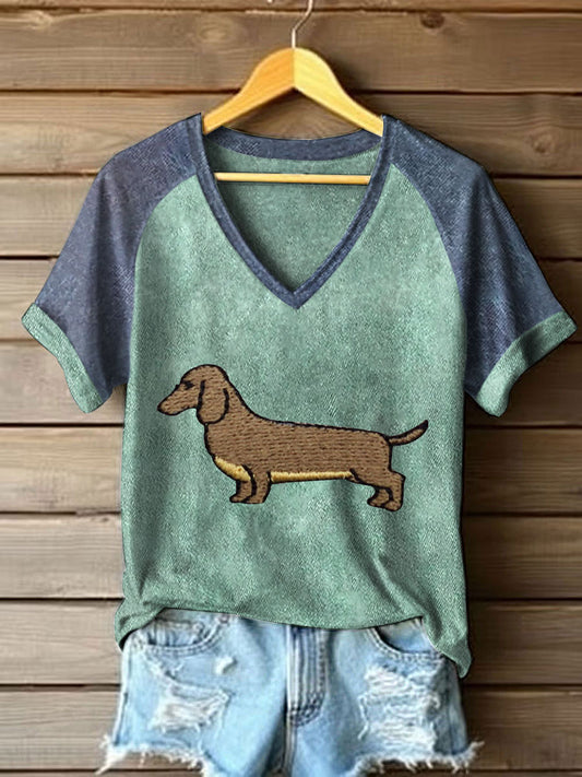 Women's Dachshund print V-neck T-shirts