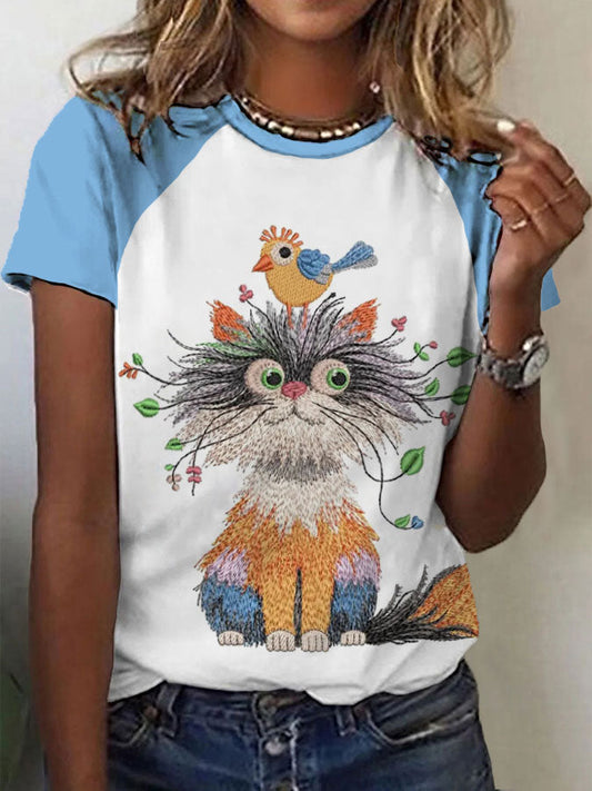 Women's cat and bird print casual t-shirts