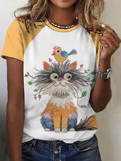 Women's cat and bird print casual t-shirts