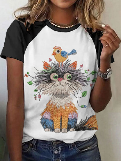 Women's cat and bird print casual t-shirts